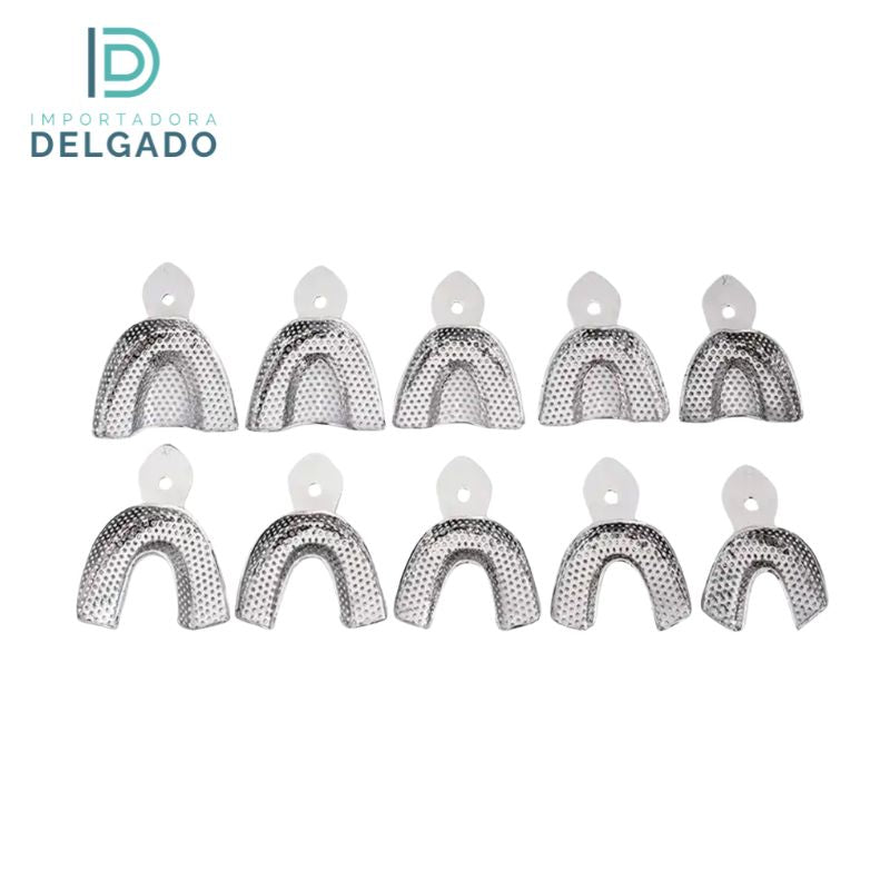 KIT DE CUBETA DENTAL DE METAL CON 10 PIEZAS CON PERFORACION